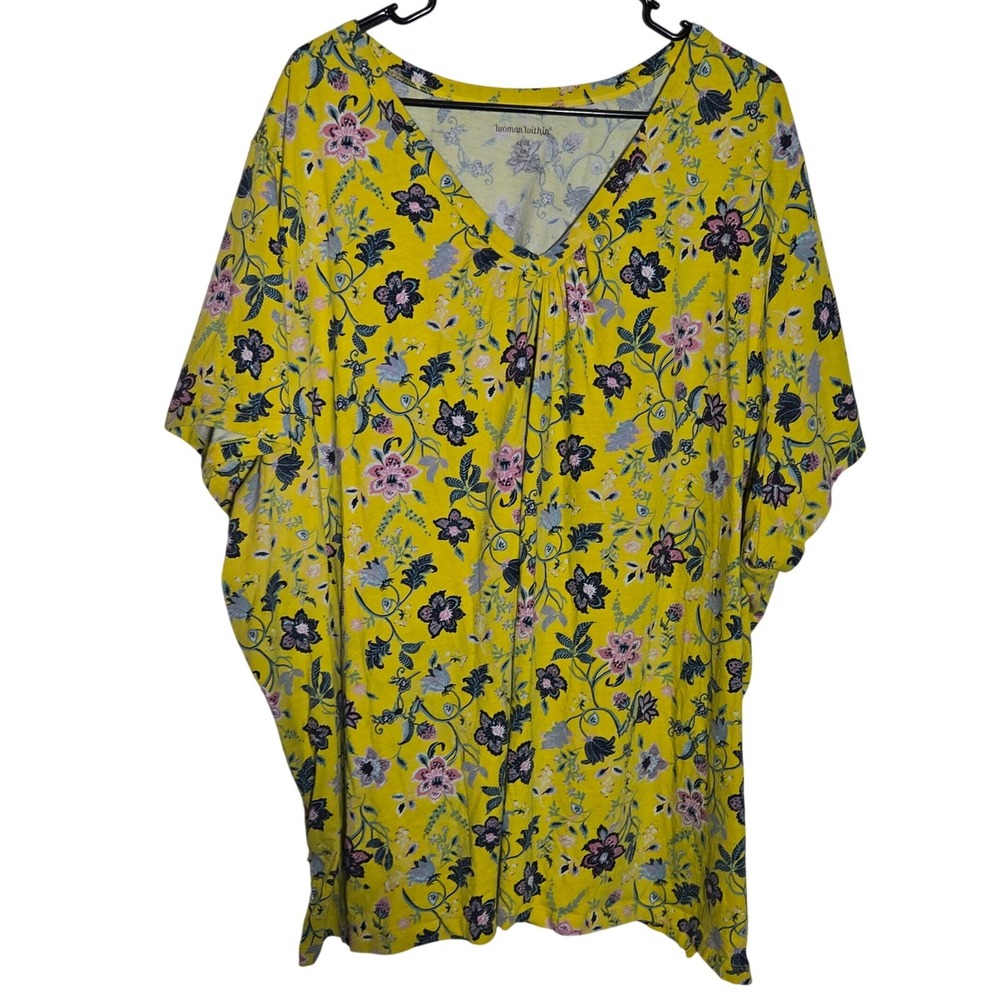 Woman Within Yellow Floral Top Plus 6X 42/44 Cottage Boho Casual Summer Garden
